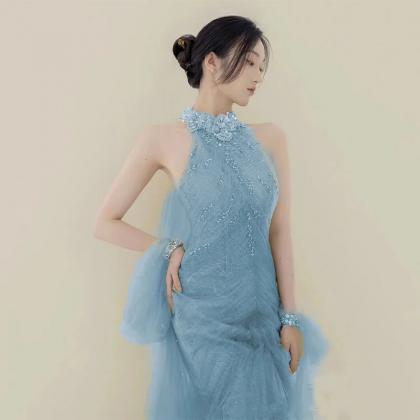 G687 Sleeveless Halter Ruffled Mermaid Gown main image 1