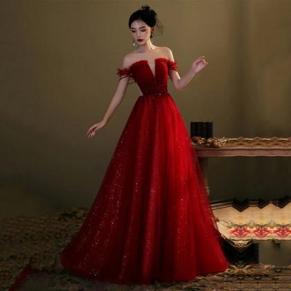 Sparkling Red Off-shoulder Gown With Train on Luulla