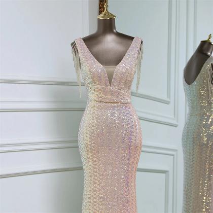 Glitter V Neck Sleeveless Sequin Beaded Sheath Long Evening Gown Formal Birthday Prom Dress