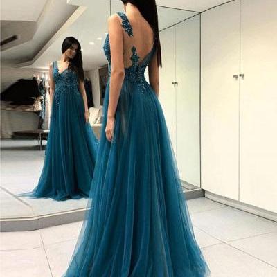 Pd80527 Noble Prom Dress,Tulle Evening Dresses,Appliques Prom Dresses,V-Neck Prom Gown