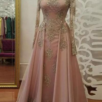 Pd81014 Charming Prom Dress,Satin Evening Dresses,Appliques Prom Dresses,Long-Sleeves Prom Gown