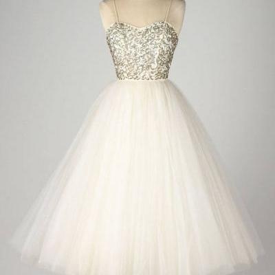 Spaghetti Strap A-line Short Tulle Dress with Sequin Embellishment - Homecoming Dress, Prom Dress, Formal Dress
