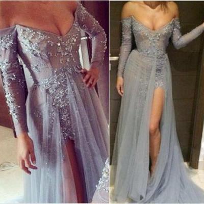 Pd12146 Charming Prom Dress,Off the Shoulder Prom Dress,A-Line Prom Dress,Appliques Prom Dress,Long-Sleeves Prom Dress