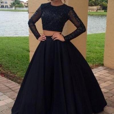 Pd70203 Charming Prom Dress,Satin Prom Dress,Two Pieces Prom Dress,Long-Sleeves Evening Dress