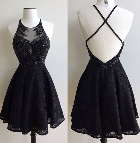 Halter Sheer Beaded Lace Short A-line Homecoming Dress, Cocktail Dress, Party Dress