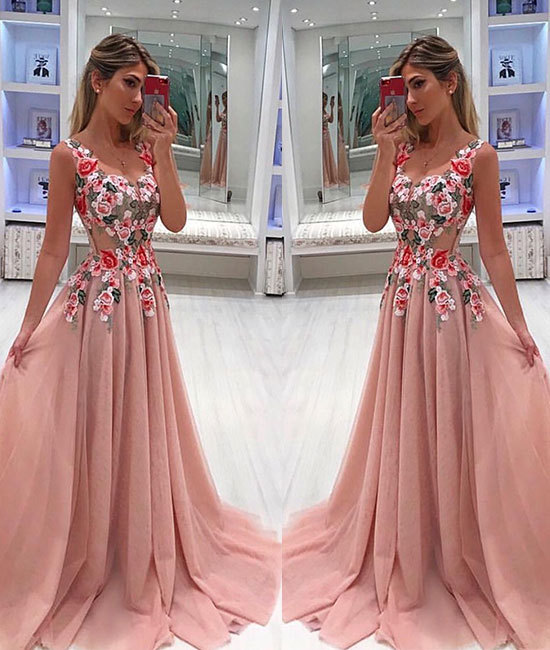 Pd80205 Charming Prom Dress,Tulle Evening Dresses,Appliques Prom Dresses,V-Neck Prom Gown