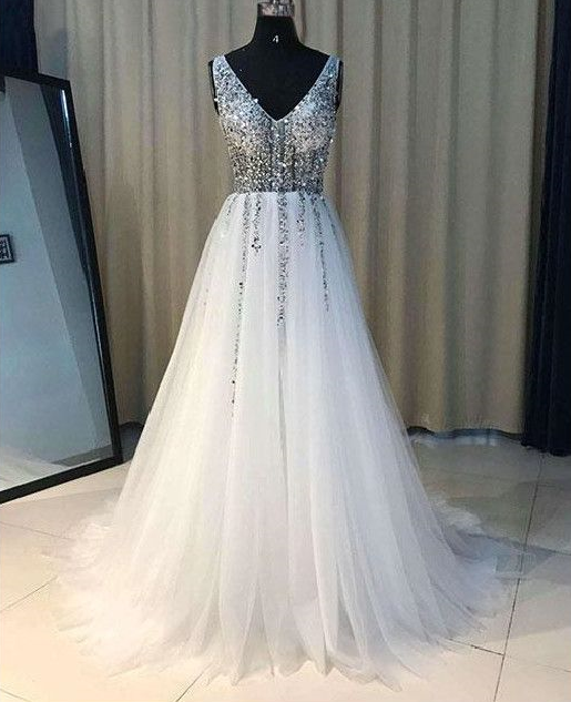 Pd80206 Charming Prom Dress,tulle Evening Dresses,sequined Prom Dresses,v-neck Prom Gown