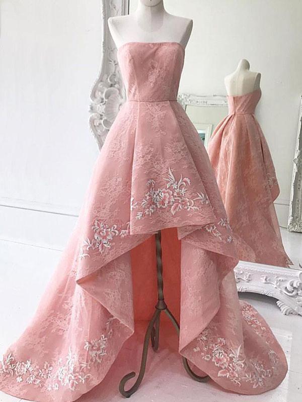 Pd80601 Pink Prom Dress,strapless Evening Dresses,appliques Prom Dresses,high/low Prom Gown