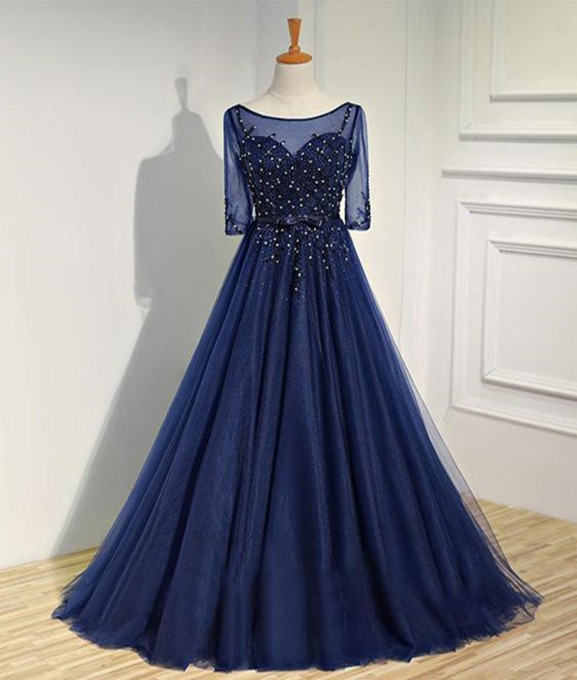 Pd81026 Navy Prom Dress,tulle Evening Dresses,a-line Prom Dresses,beading Prom Gown