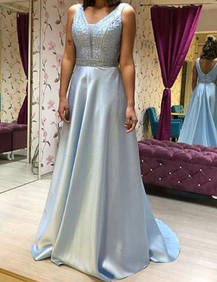 Pd81029 Blue Prom Dress,Satin Evening Dresses,A-Line Prom Dresses,Beading Prom Gown