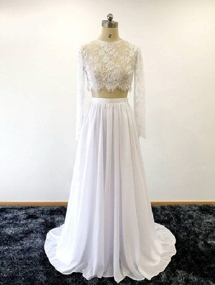 Pd90113 White Prom Dress,chiffon Evening Dresses,two Pieces Prom Dresses,long-sleeves Prom Gown