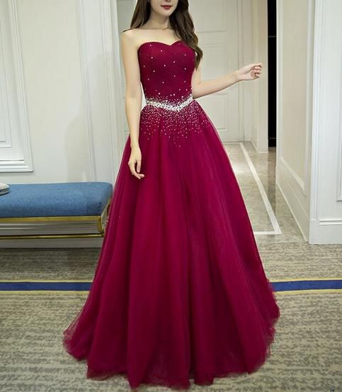 Pd90208 Red Prom Dress,tulle Evening Dresses,sweetheart Prom Dresses,beading Prom Gown