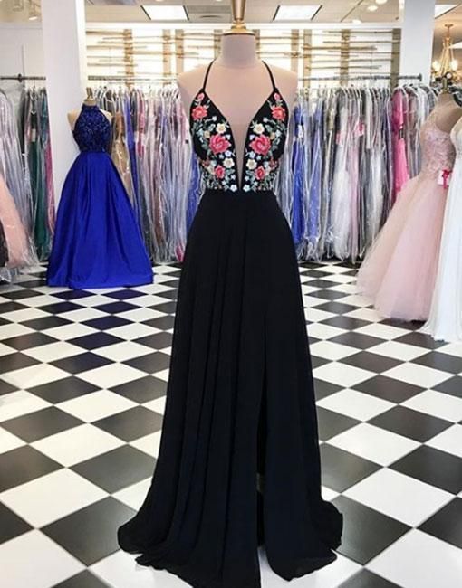 Pd90209 Black Prom Dress,chiffon Evening Dresses,halter Prom Dresses,appliques Prom Gown