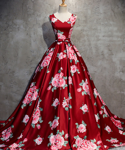 Pd90314 Print Prom Dress,satin Evening Dresses,v-neck Prom Dresses,a-line Prom Gown