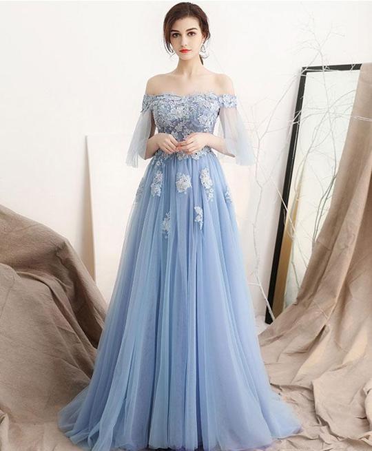 Pd90316 Blue Prom Dress,tulle Evening Dresses,off The Shoulder Prom Dresses,appliques Prom Gown