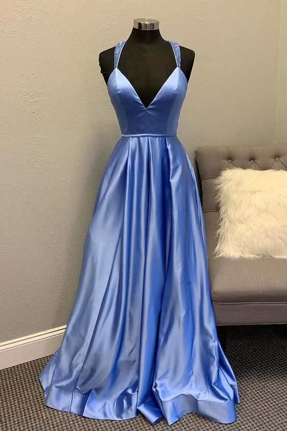 Pd90401 Blue Prom Dress,satin Evening Dresses,v-neck Prom Dresses,a-line Prom Gown