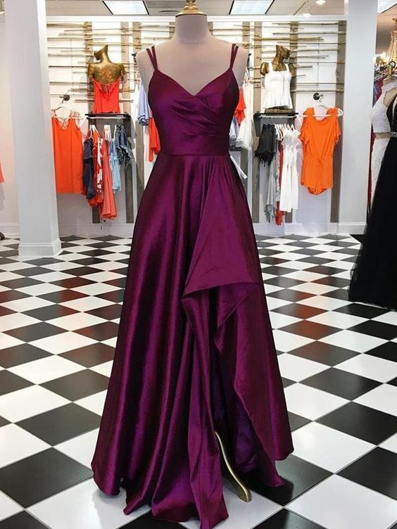 Pd90406 Burgundy Prom Dress,satin Evening Dresses,spaghetti Straps Prom Dresses,high/low Prom Gown