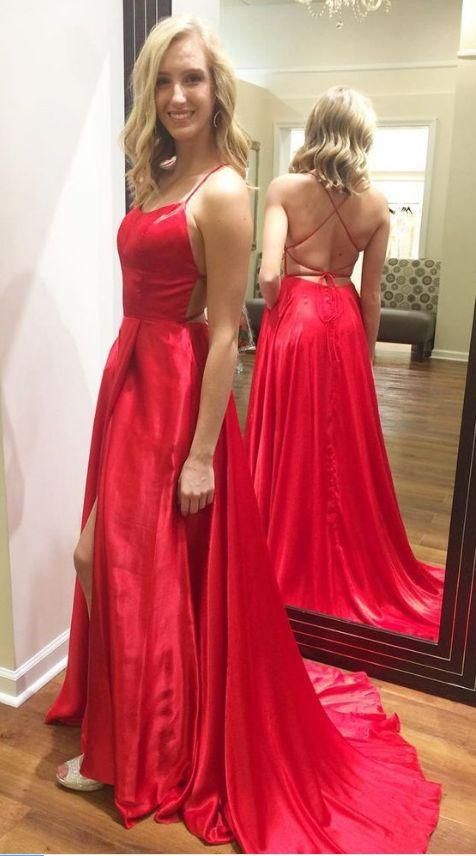 Pd90407 Red Prom Dress,Satin Evening Dresses,Spaghetti Straps Prom Dresses,Backless Prom Gown