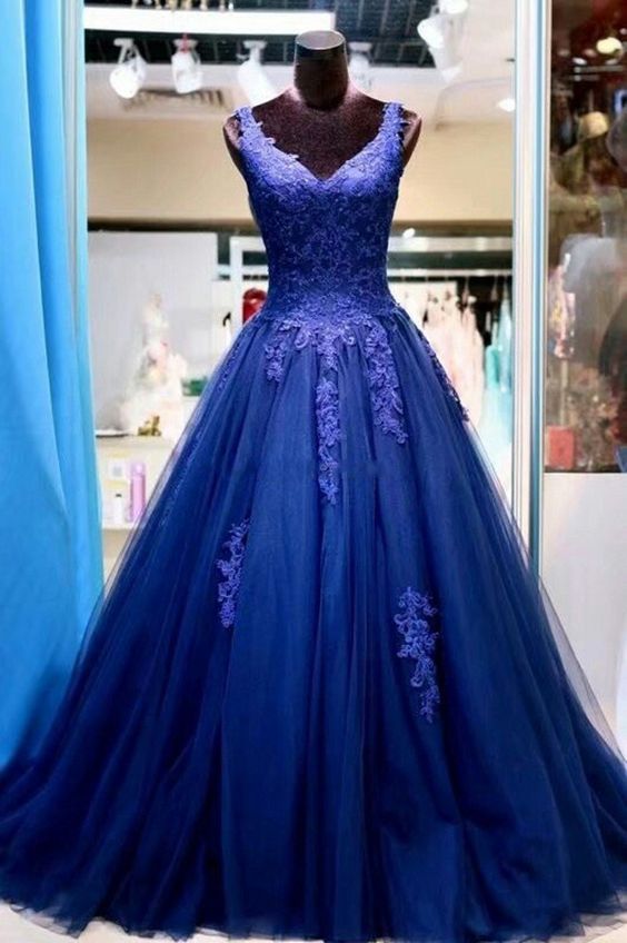 Pd90413 Blue Prom Dress,tulle Evening Dresses,appliques Prom Dresses,v-neck Prom Gown