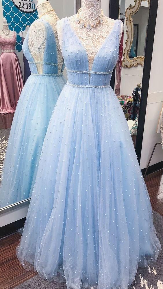 Pd90414 Light Blue Prom Dress,tulle Evening Dresses,beading Prom Dresses,v-neck Prom Gown