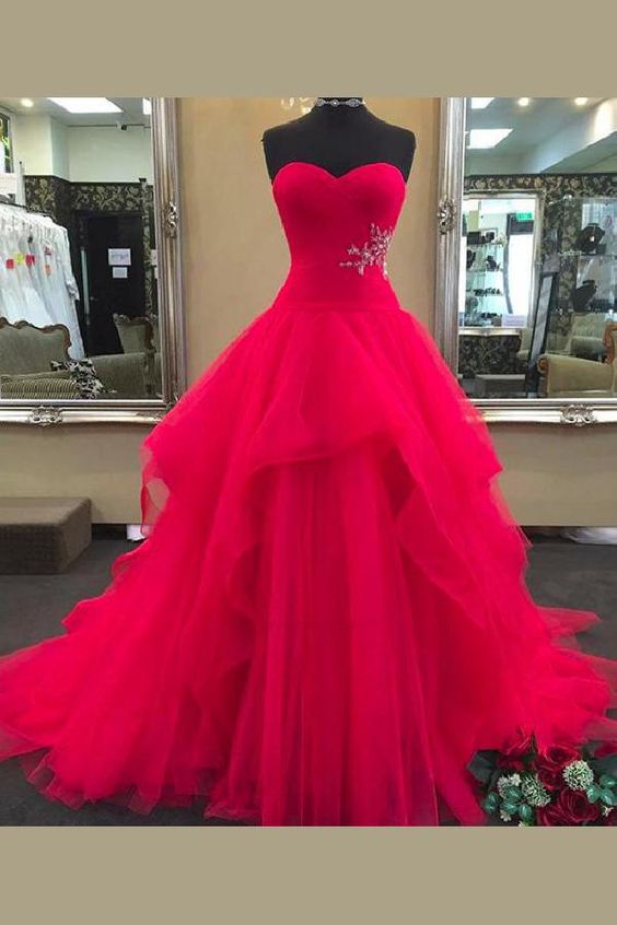 Pd90416 Red Prom Dress,Tulle Evening Dresses,Ball Gown Prom Dresses,Sweetheart Prom Gown