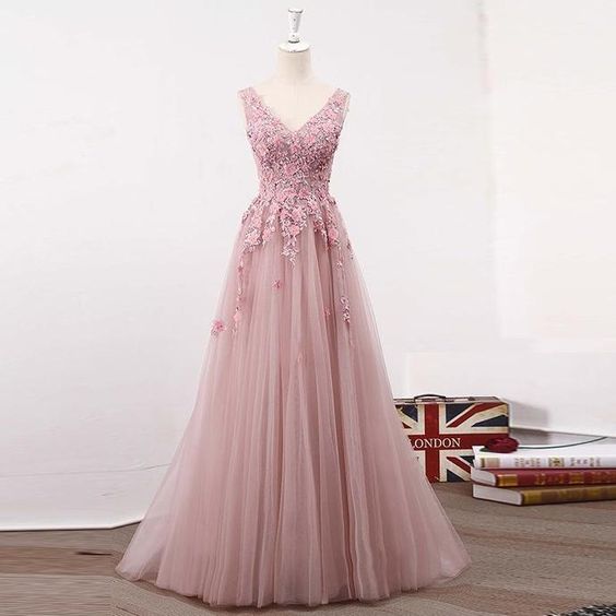 Pd90429 Pink Prom Dress,tulle Evening Dresses,v-neck Prom Dresses,appliques Prom Gown
