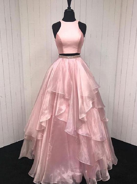 Pd90808 Pink Prom Dress,two Pieces Evening Dresses,o-neck Prom Dresses,a-line Prom Gown