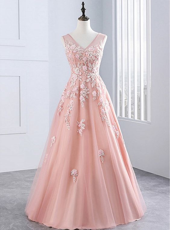 Pd90913 Pink Prom Dress,Tulle Wedding Dresses,V-Neck Prom Dresses,A-Line Prom Gown