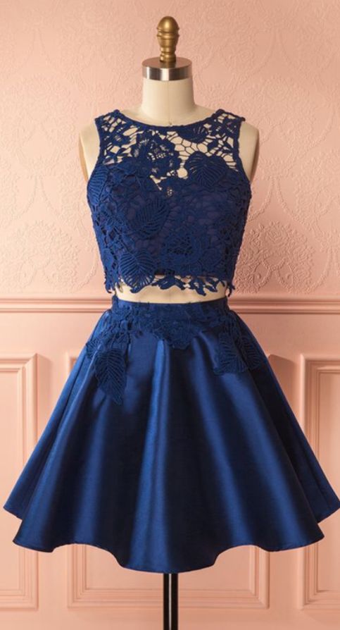 H91103 Navy Homecoming Dress,Two Pieces Homecoming Dress,O-Neck Homecoming Dress,Lace Homecoming Dress
