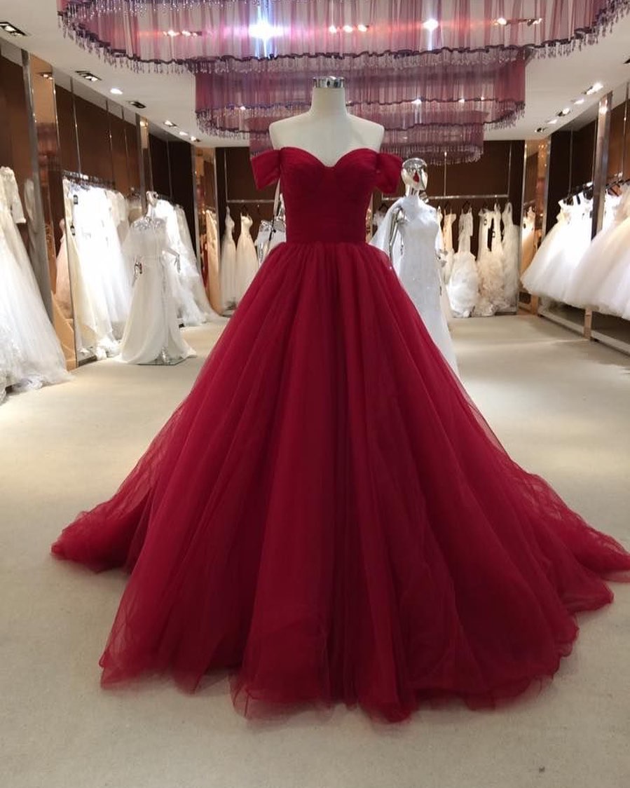 Pd91211 Red Prom Dress,Tulle Wedding Dresses,A-Line Prom Dresses,Off the Shoulder Prom Gown