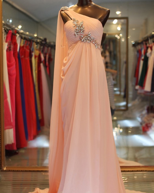 Pd91214 Pink Prom Dress,Chiffon Wedding Dresses,One-Shoulder Prom Dresses,Beading Prom Gown