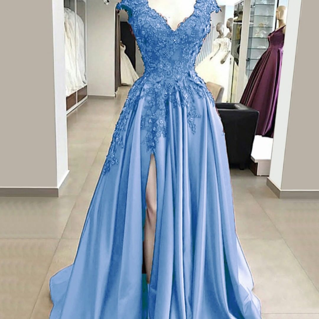 Pd91215 Blue Prom Dress,Satin Wedding Dresses,A-Line Prom Dresses,Appliques Prom Gown