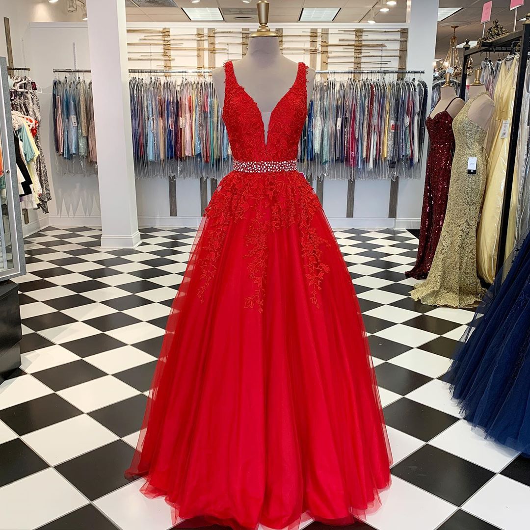 Pd91221 Red Prom Dress,tulle Wedding Dresses,appliques Prom Dresses,v-neck Prom Gown