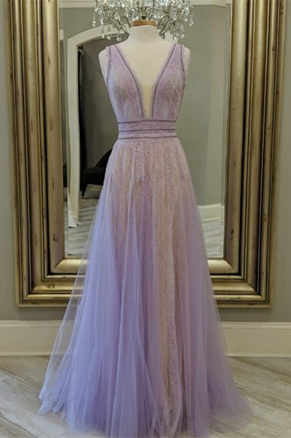 Prom Dresses for Women 2022 Tulle Lace Evening Dresses V-Neck A-Line Formal Dresses