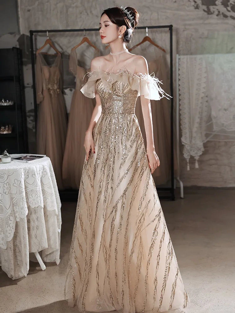 glitter and feather dress Fitted Feather Glitter Gown by Cinderella Divine CB087 main image 1