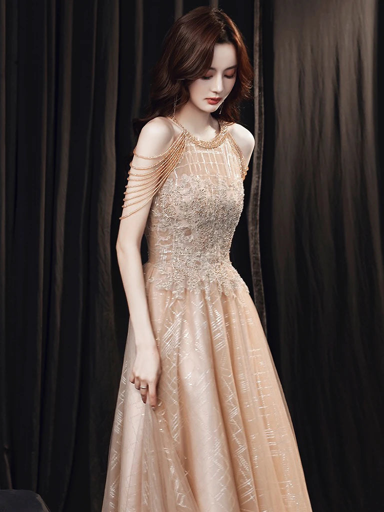Beaded Sleeveless Champagne Gown With Fringe Detailing on Luulla