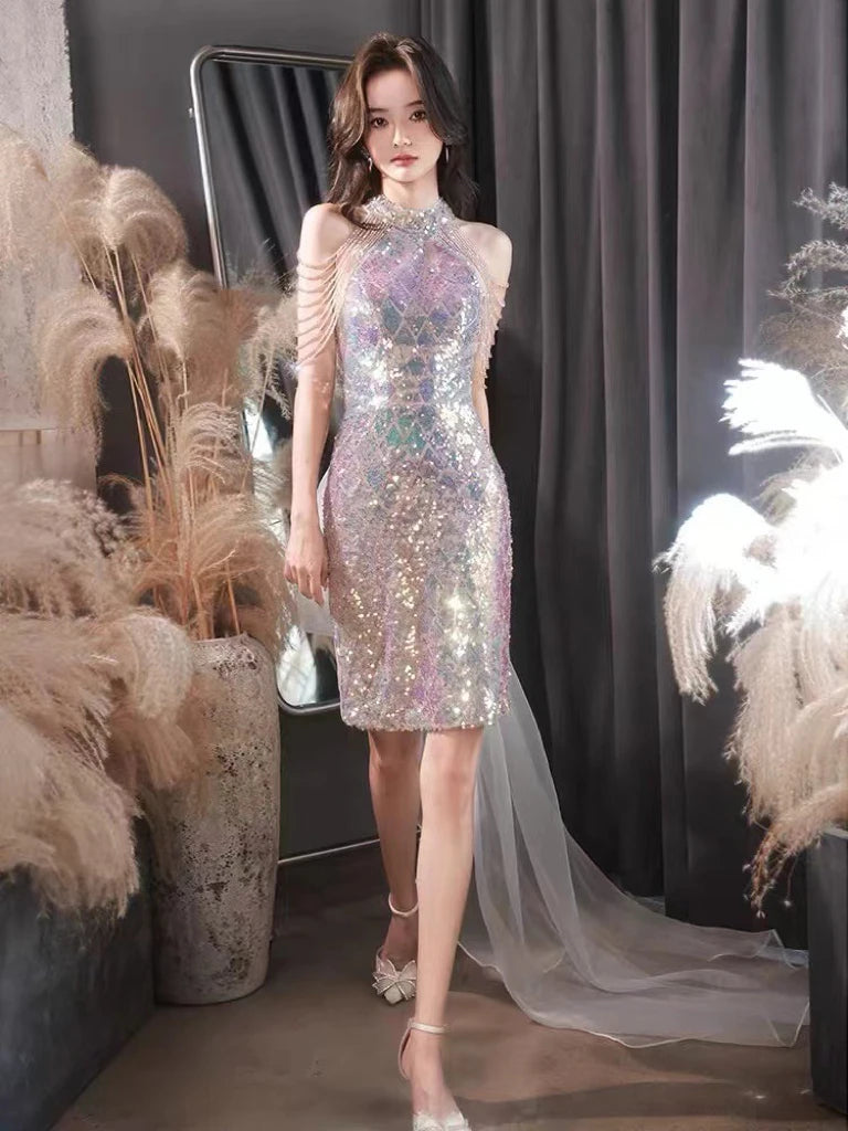 sheer iridescent dress Clarisse 62219 Iridescent Sequin V-Neck Ball Gown Prom Dress