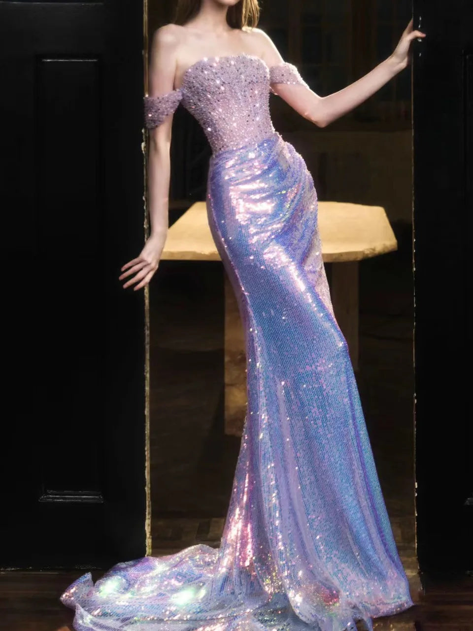 Sparkling Sequin Lavender Gown With Fitted on Luulla