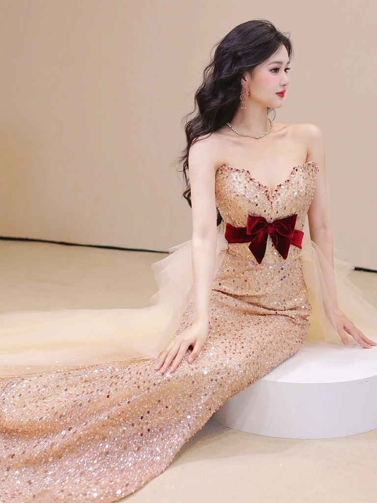 Strapless Gold Sequin Gown With Red Bow on Luulla
