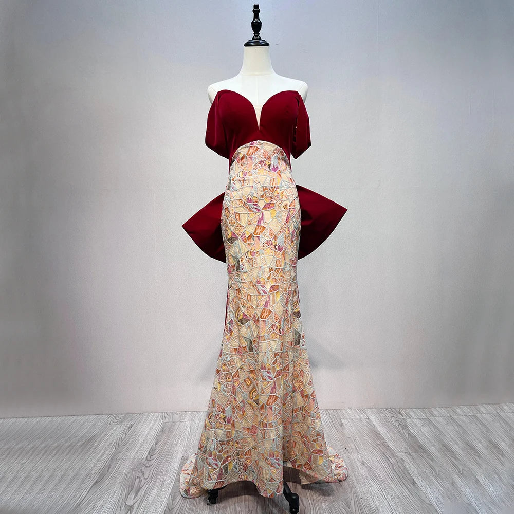 Strapless Burgundy Floral Gown, Bold Peplum Design on Luulla