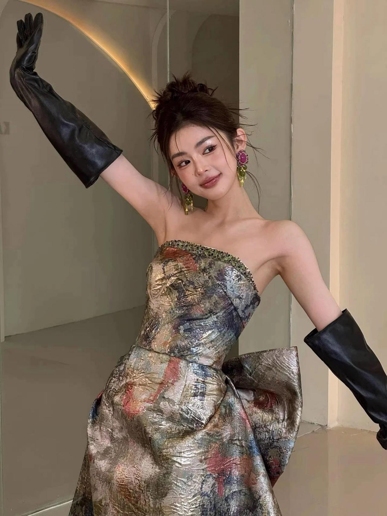 Luxury Jacquard Prom Dresses Strapless Sleeveless Bow A-Line Princess Printed Evening Party Graduation Cocktail Gowns 2024
