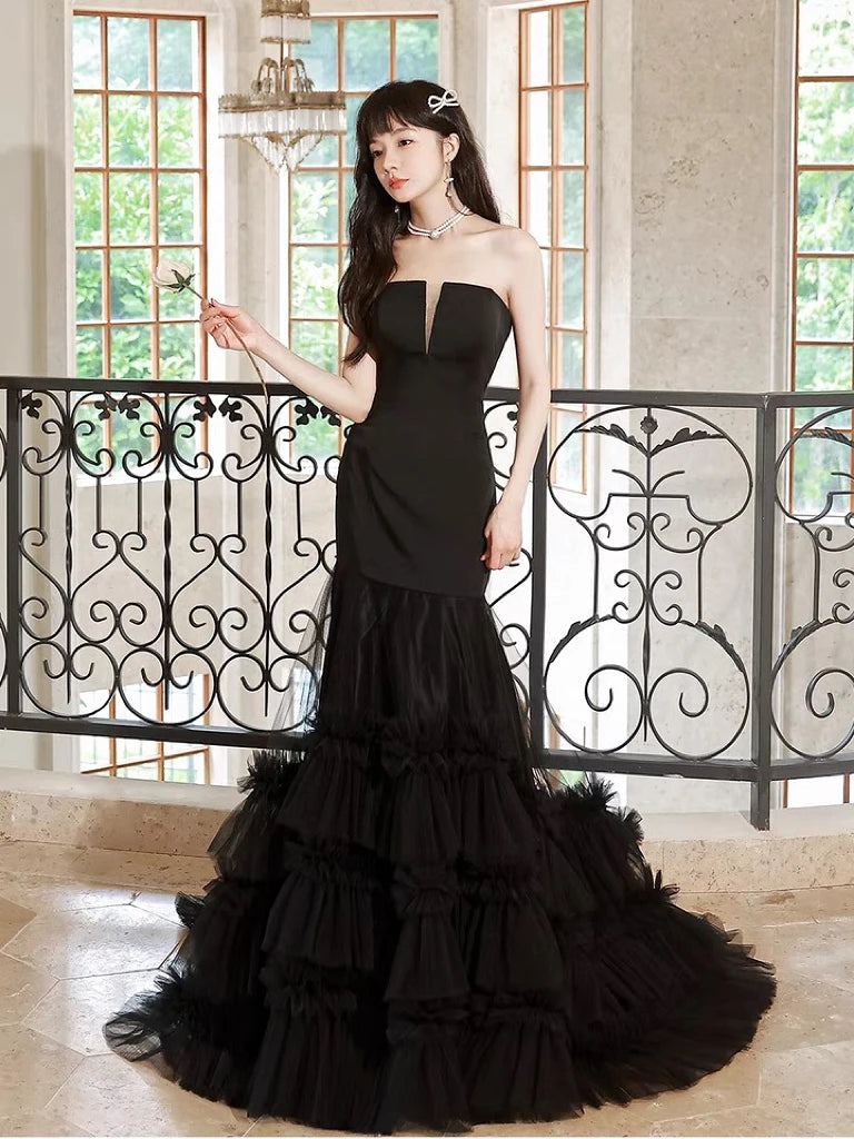 Strapless Black Mermaid Gown with Ruffle Detailing