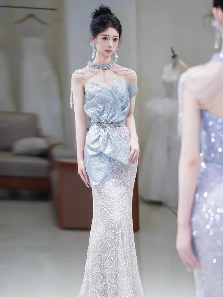 knee length dresses for ladies Nude Mesh Rhinestone Gown with White Crystal Wave Off-Shoulder Ruffle and Long Sleeves, Amekana Silver / XL main image 0