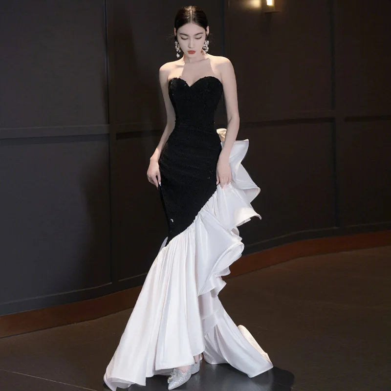 Strapless Black Gown With White Ruffled Train on Luulla