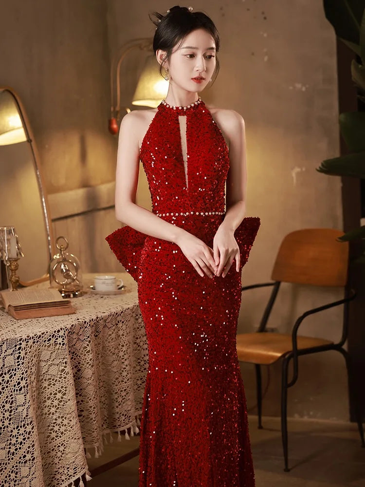 red sparkly halter dress Luxury Sequin Halter Mermaid Evening Gown Formal Prom Dress with Tulle –  DSProm main image 0