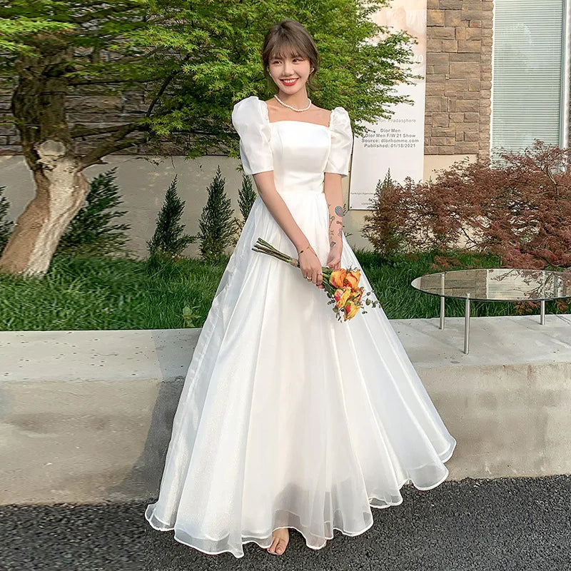 fitted lace wedding dress Wedding Dress with Puff Sleeve | Satin Wedding Dress main image 1