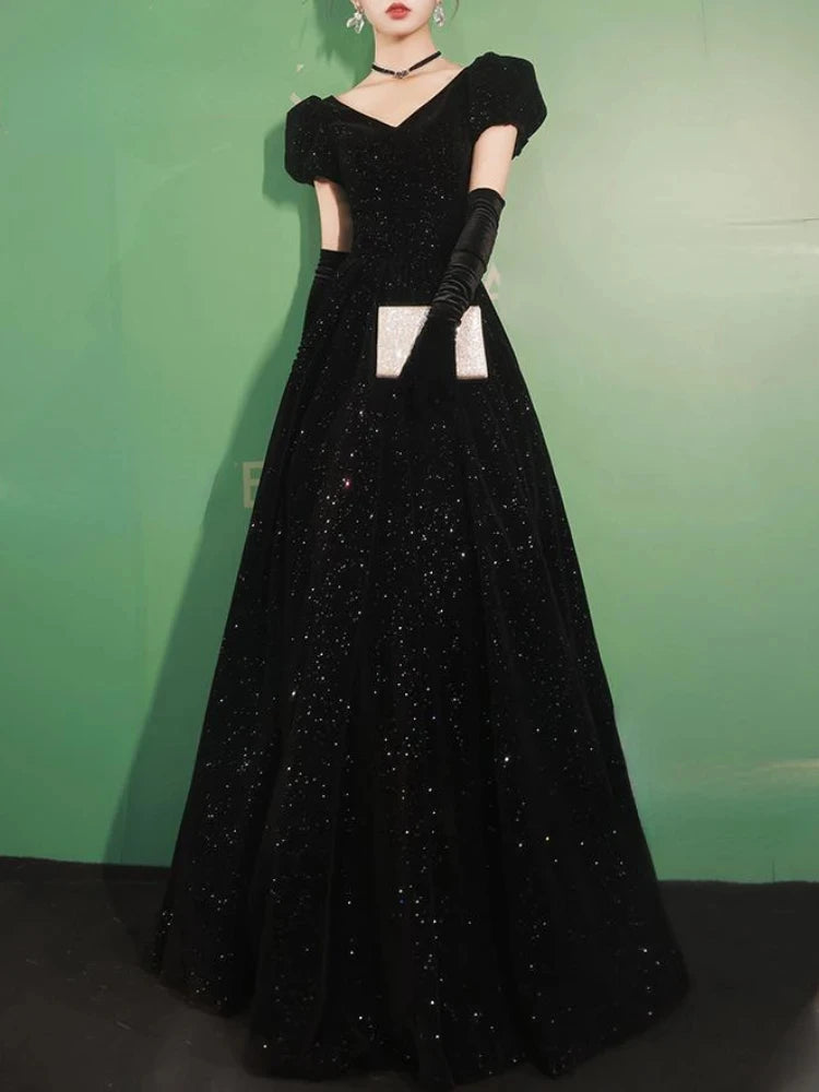 Sparkling Black Gown With Rhinestone Accents, Gloves on Luulla