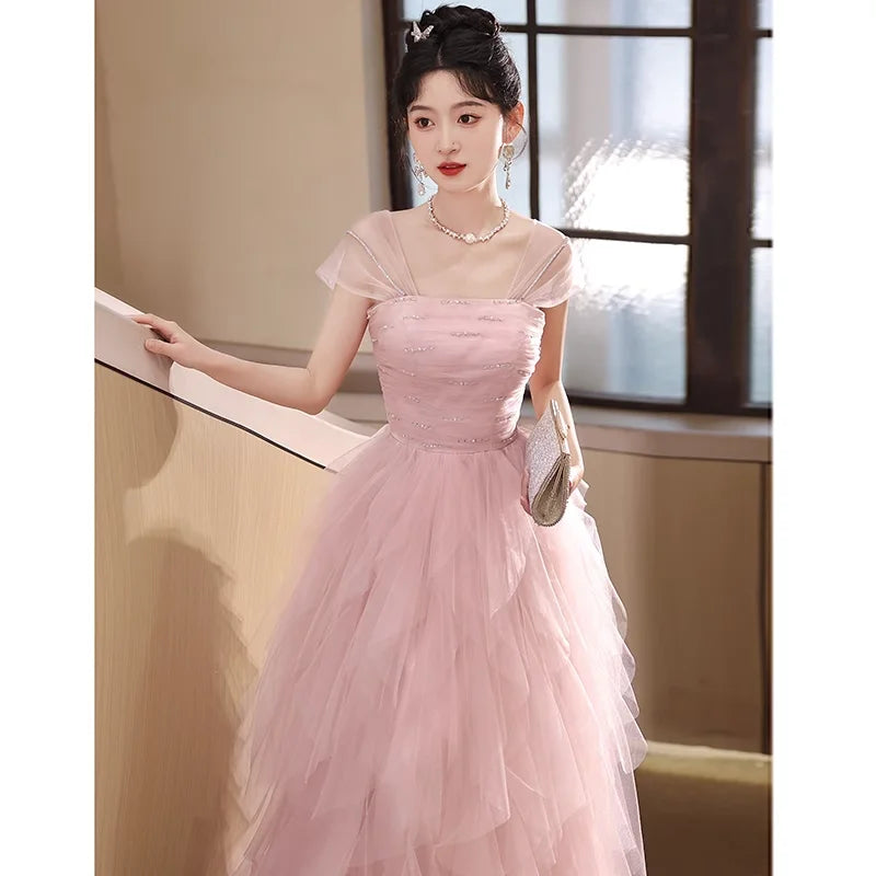 Sweat Pinl Long Lady Girl Women Princess Banquet Bridesmaid Performance Dance Ball Prom Dress Gown