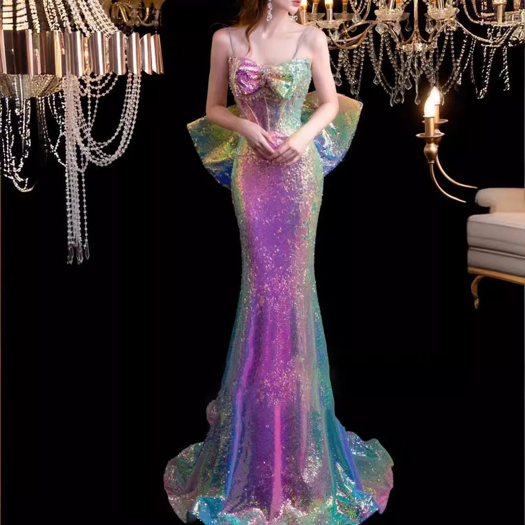 slim fit dress slacks La Femme Iridescent Sequin Long Prom Dress
