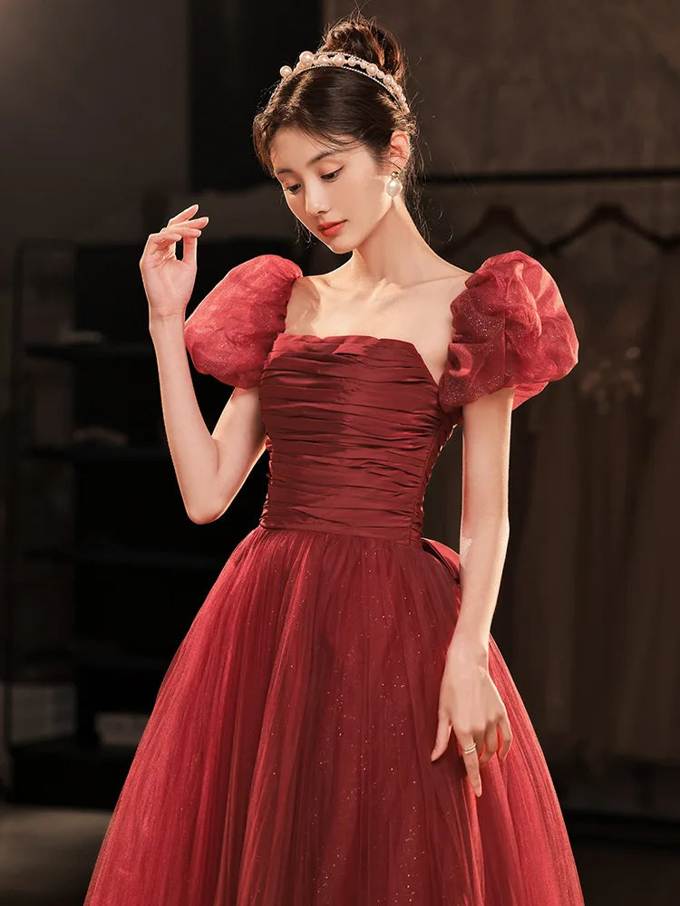 strapless open back dress Red Party Dresses A Line Sweetheart Tulle Maxi Formal Dress With Slit And  Pockets main image 0